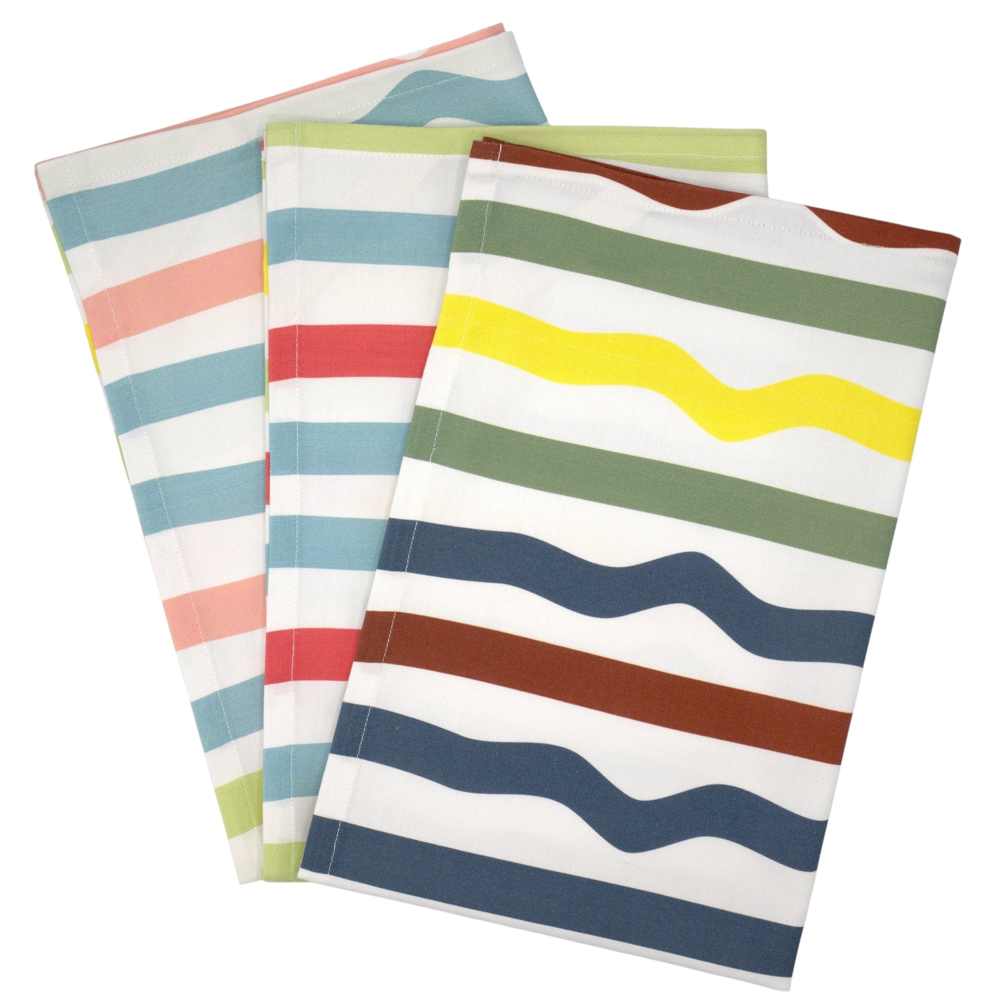 Hem And Tassel Different Strokes cotton towels featuring colorful wavy and straight striped patterns on white fabric.