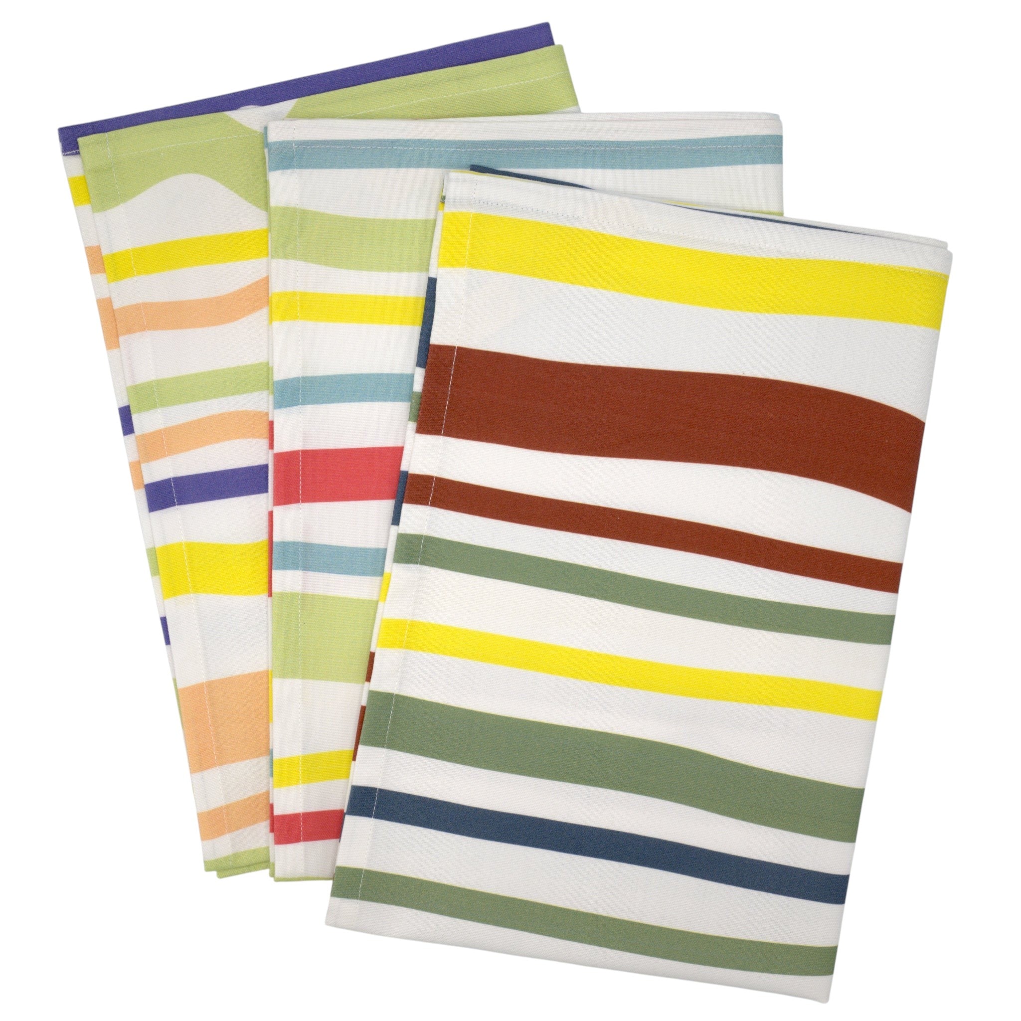 Hem And Tassel Different Strokes cotton towels featuring colorful wavy and straight stripe patterns on white fabric.