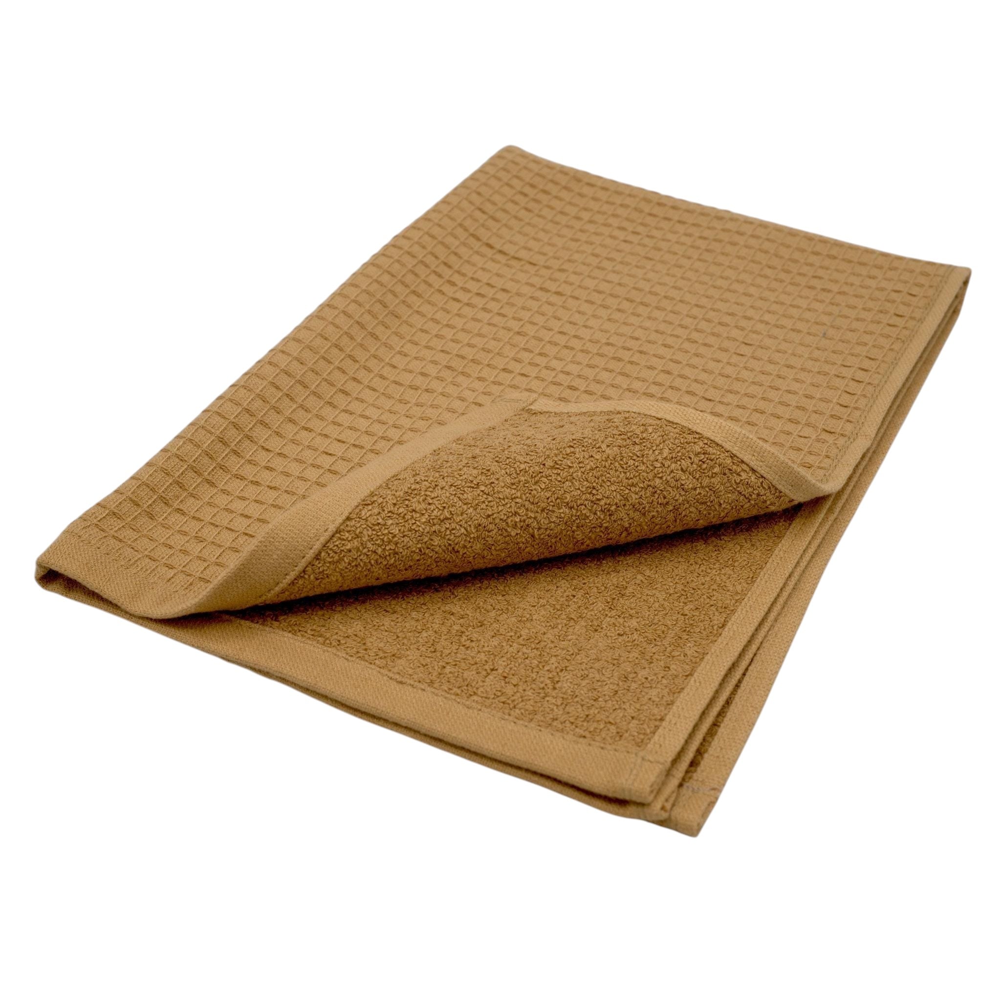 Hem And Tassel Jekyll & Hyde reversible kitchen towel in tan with ribbed waffle texture and soft terry cotton
