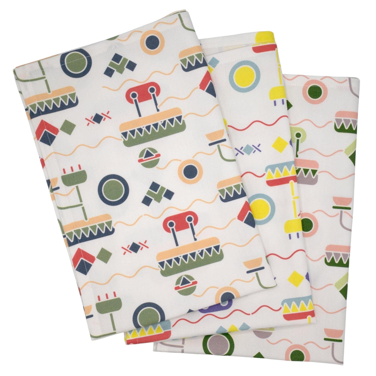 Hem And Tassel Thingies cotton percale kitchen towels featuring a playful, colourful geometric digital pattern.