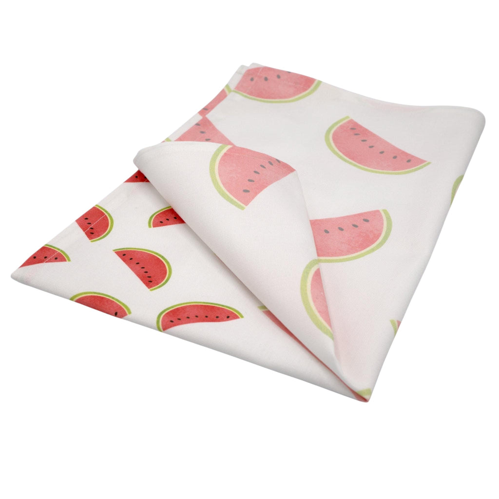 Hem And Tassel white cotton kitchen towel featuring a faded watermelon fruit pattern