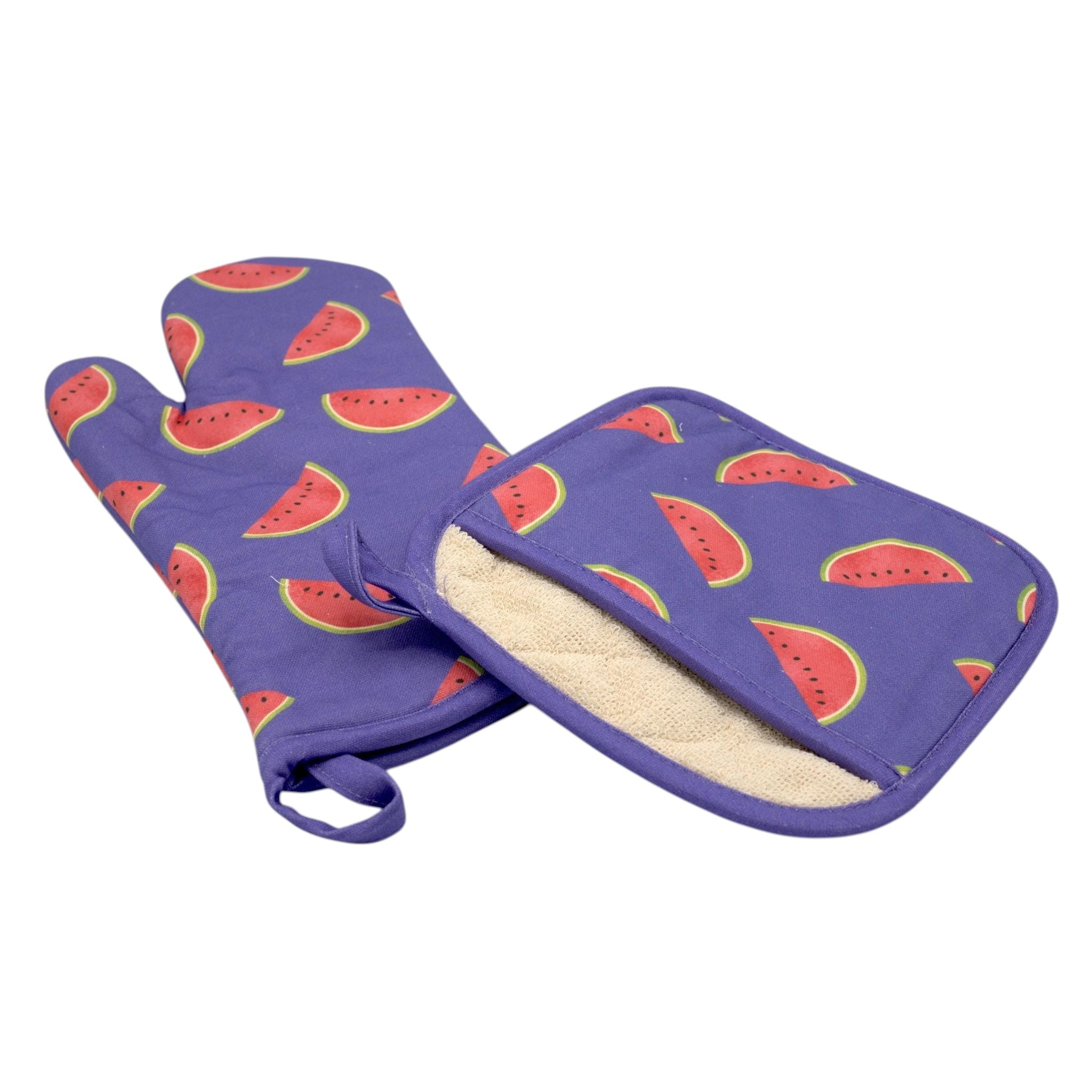 Hem And Tassel cotton oven mitt and pot holder set featuring a purple watermelon print with quilted insulation