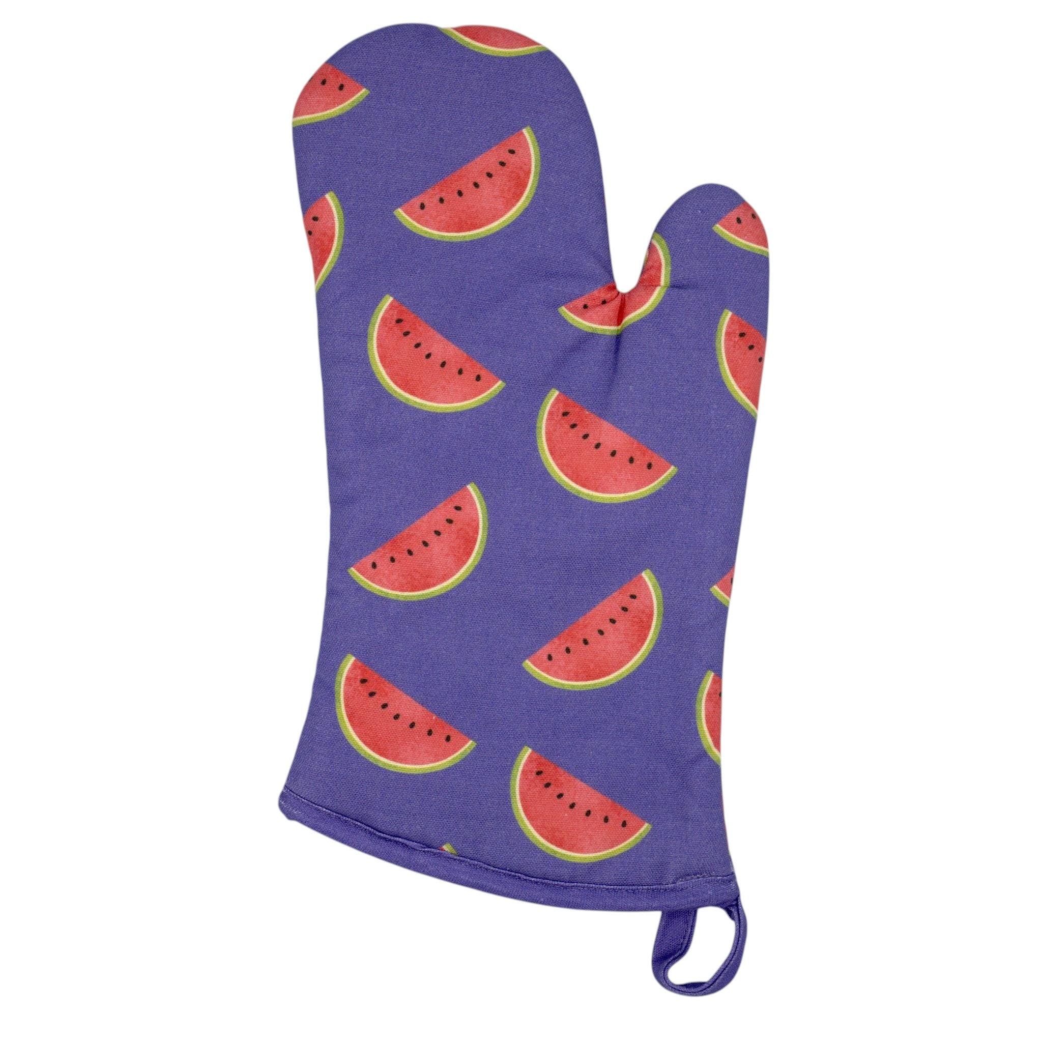 Hem And Tassel cotton oven mitt in purple with a watermelon slice pattern and quilted insulation