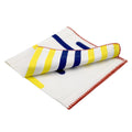 Hem And Tassel yellow and blue piano key striped dinner napkin in double-slub cotton with red edge detailing.