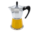 Hem And Tassel Dolce moka pot with a yellow base and silver top, designed for induction stoves and 6-cup brewing.