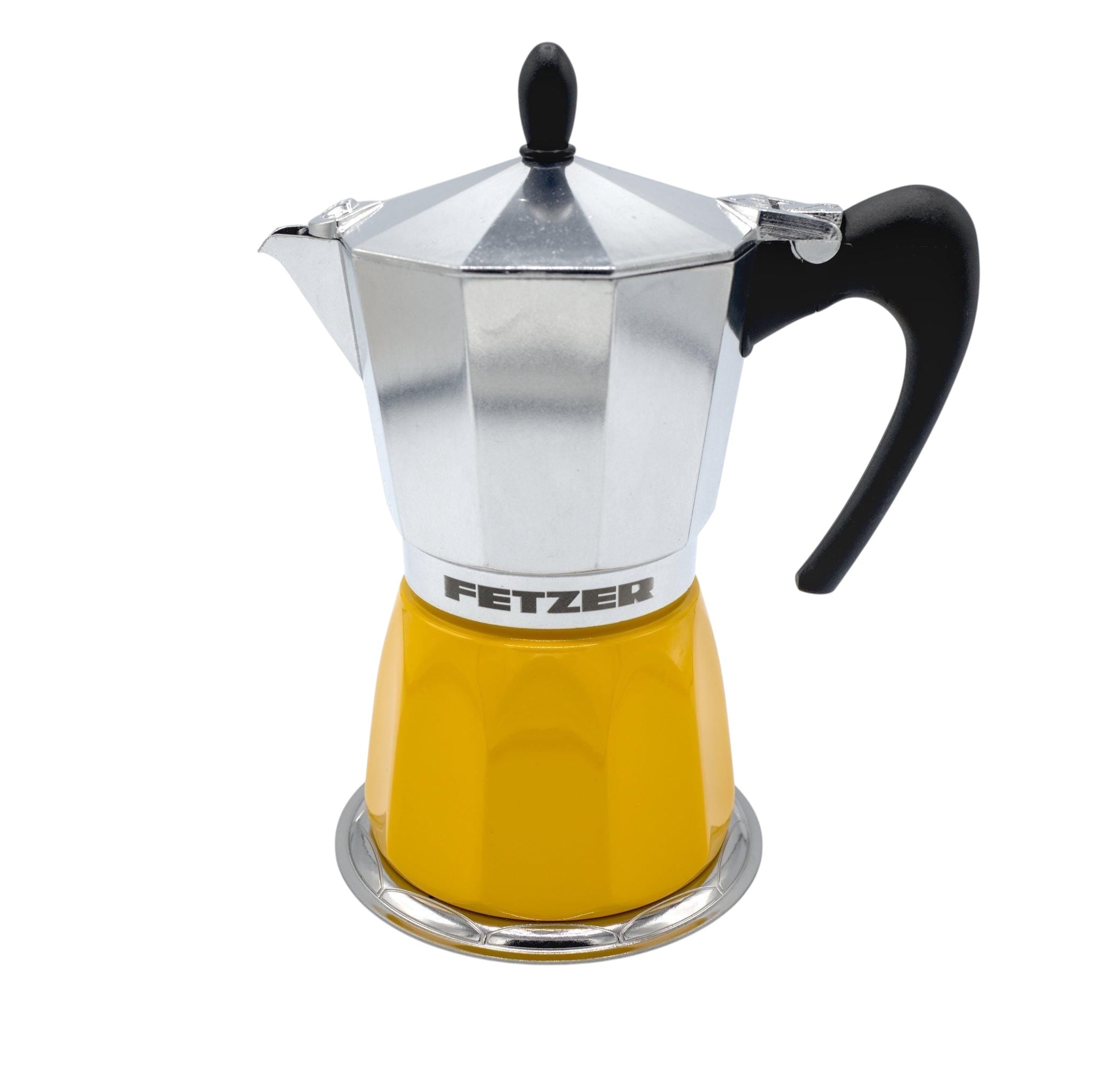 Hem And Tassel Dolce moka pot with a yellow base and silver top, designed for induction stoves and 6-cup brewing.