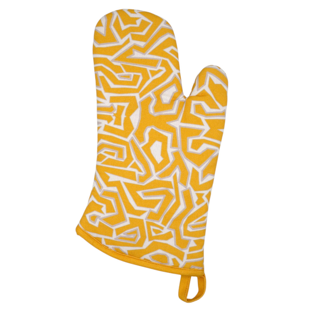 Hem And Tassel yellow and white maze pattern cotton oven mitt with quilted lining and hanging loop
