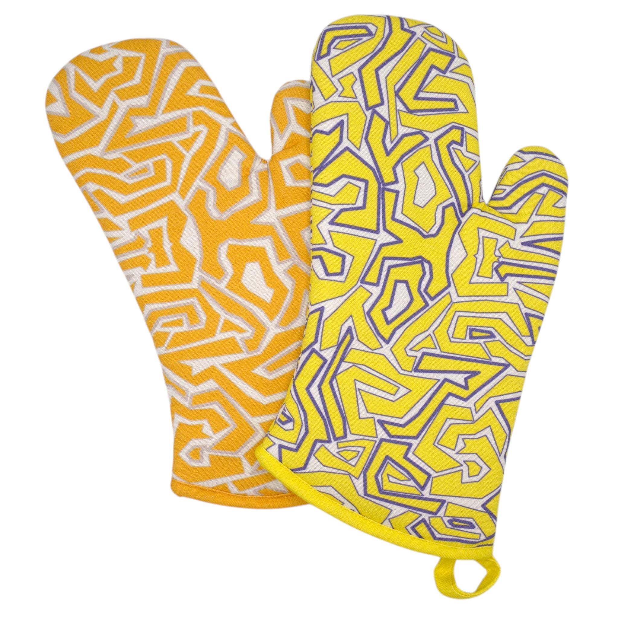 Hem And Tassel oven mitts in yellow and white maze pattern made from durable quilted cotton for kitchen use