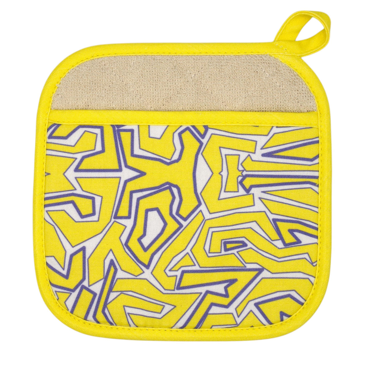 Hem And Tassel yellow and purple maze print cotton pot holder with a quilted lining and hanging loop