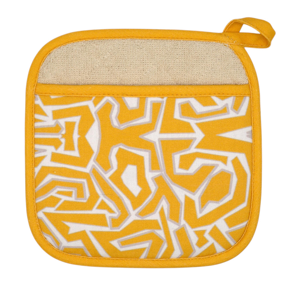 Hem And Tassel Squiggles yellow and white maze pattern cotton pot holder with a quilted pocket and hanging loop