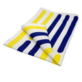 Hem And Tassel Yellow Piano cotton kitchen towel featuring bold yellow and navy blue striped patterns on white fabric.