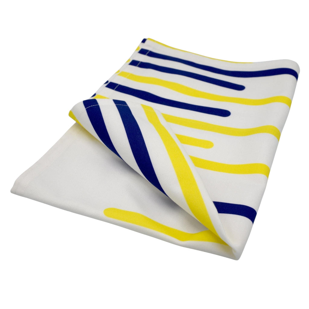 Hem And Tassel Yellow Piano cotton kitchen towel with bright blue and yellow striped pattern on white percale fabric