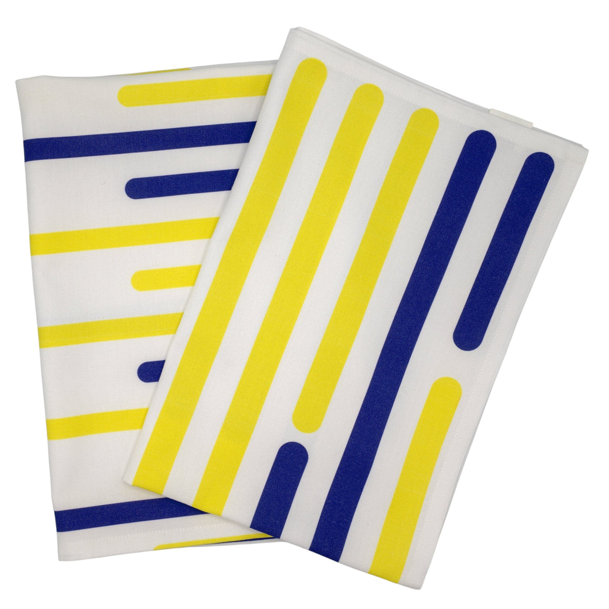 Hem And Tassel Yellow Piano cotton kitchen towels featuring bright yellow and blue striped patterns on white percale.