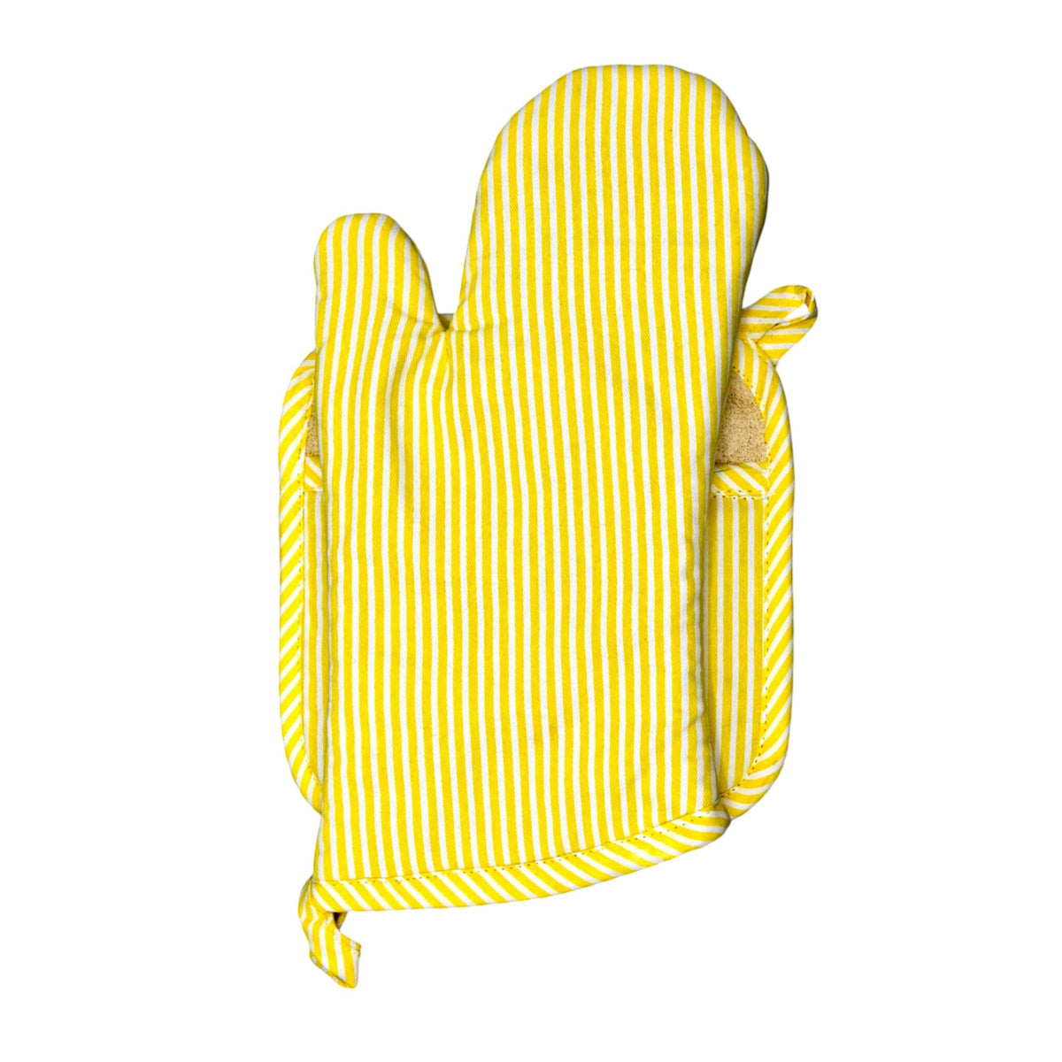 Hem And Tassel oven mitt and pot holder set in yellow and white banker stripes made from 100% cotton