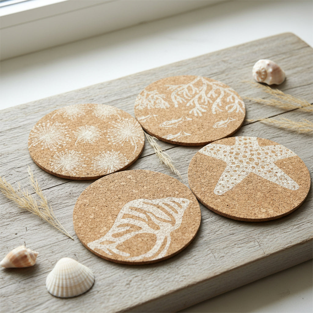 Cork coasters with shell and starfish designs on a wooden surface.