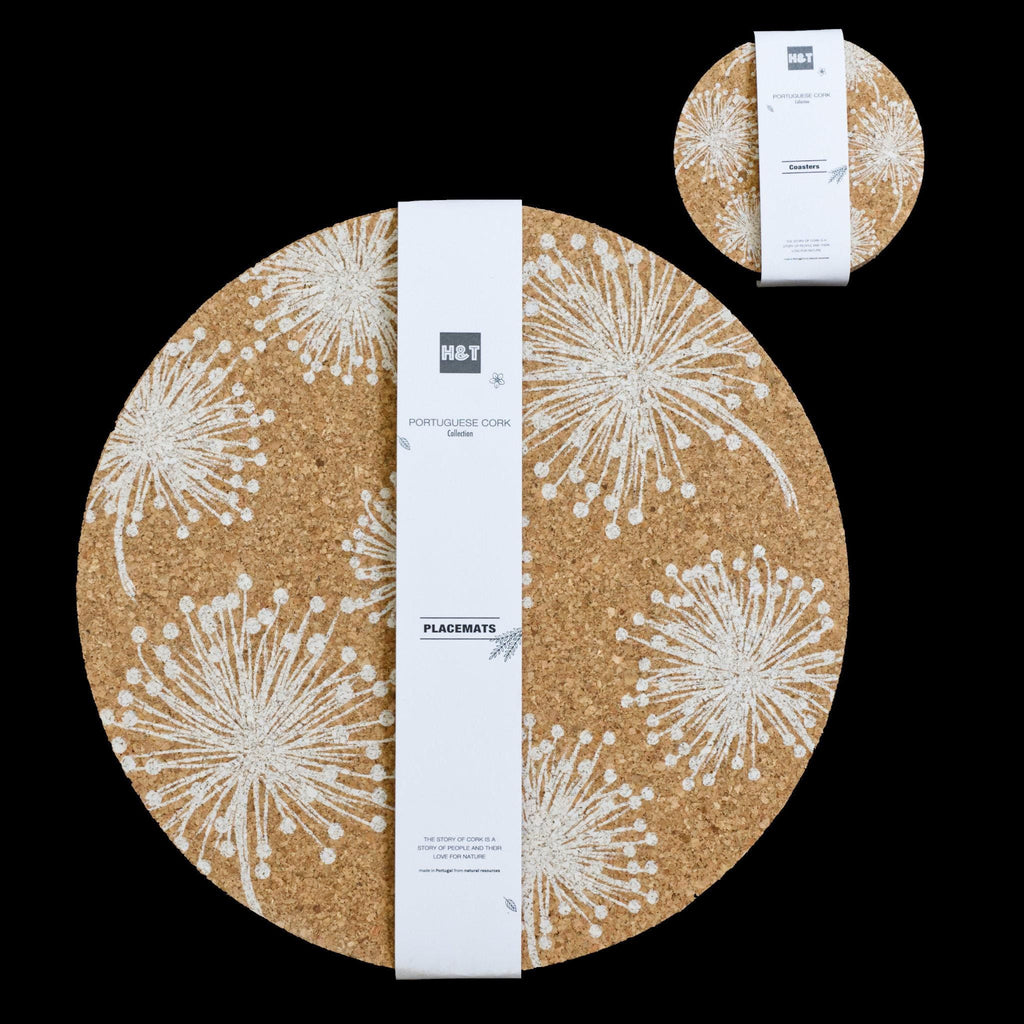 Round cork placemats and coasters sets with white marine pattern and H&T branding on a black background from Hem And Tassel 