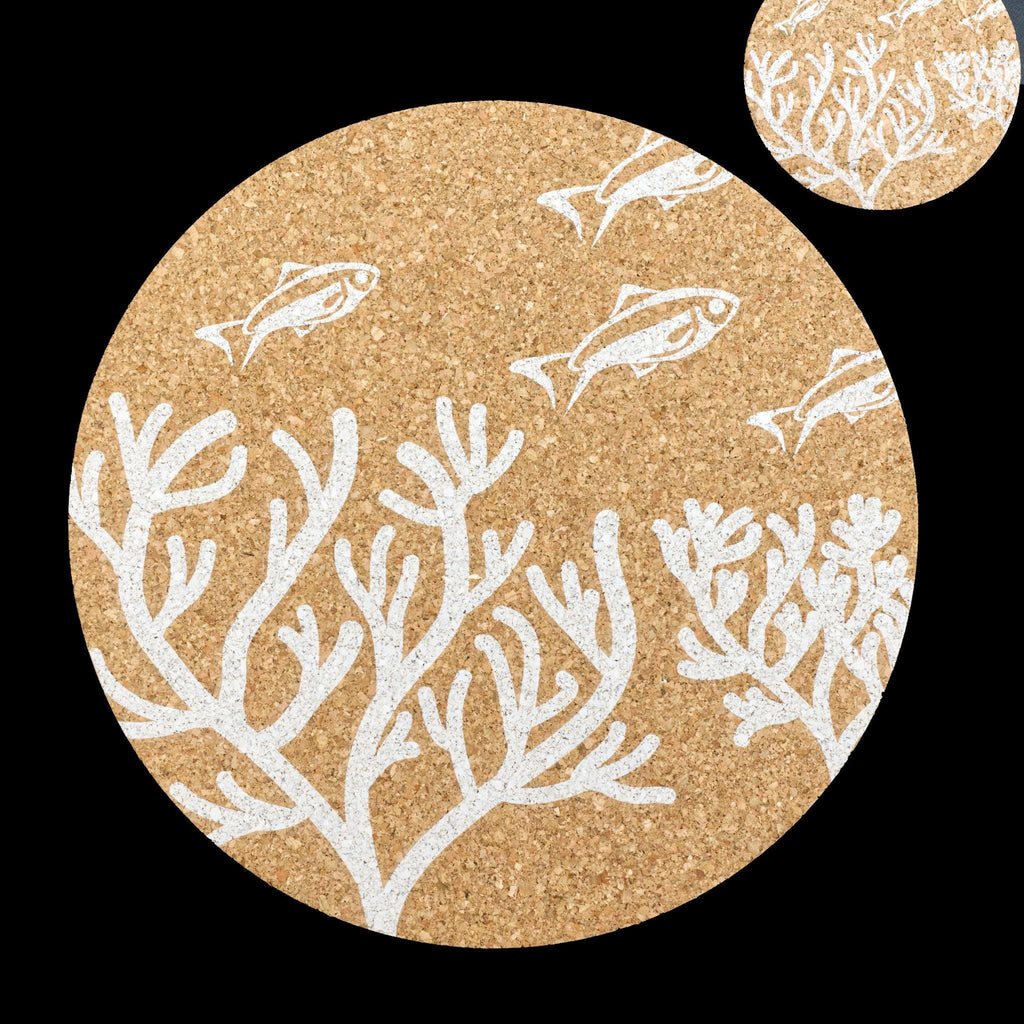 home by the sea cork placemat from Hem And Tassel with matching coaster on black background