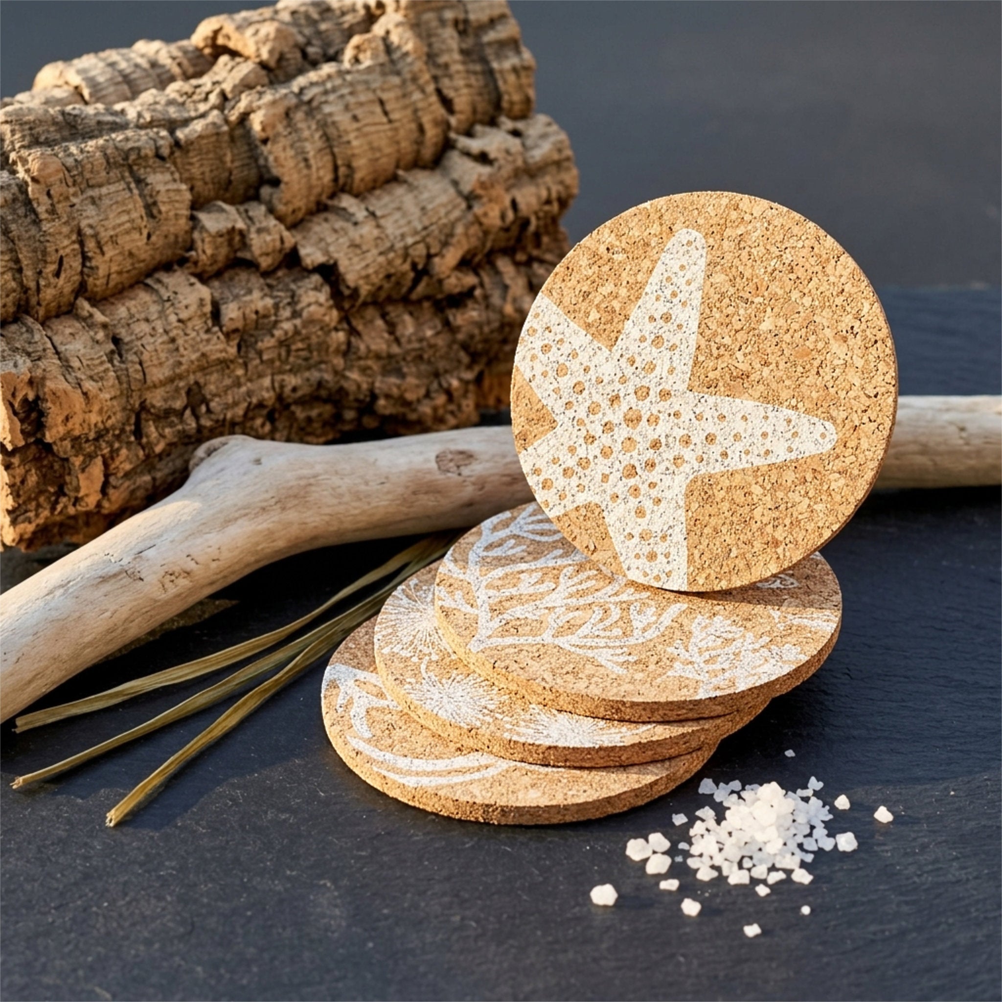 A set of round home by the sea cork coasters with white starfish and coral-like prints, styled with driftwood, cork logs, and sea salt on a dark slate surface from Hem And Tassel 