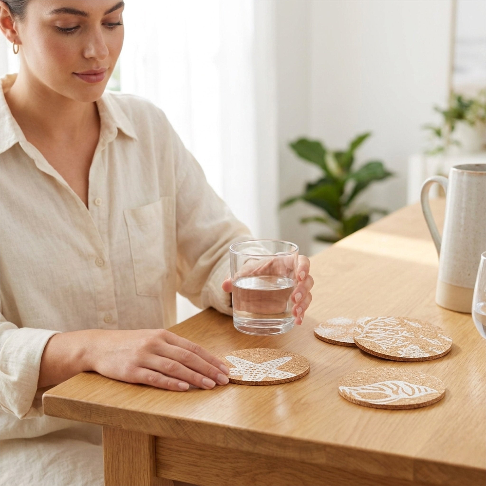 A woman in a cream linen shirt sits at a wooden table, holding a glass of water beside several round cork coasters with white printed marine designs. A ceramic mug is visible in the background of a bright, modern room from Hem And Tassel 