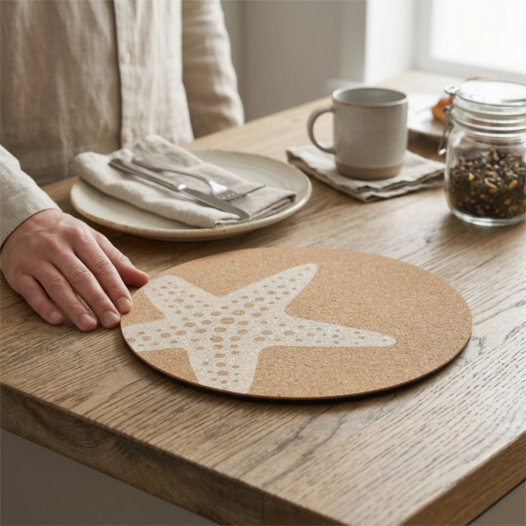 A round cork placemat with a white starfish design from Hem And Tassel  is set on a wooden dining table next to a person's hand, with plates, a mug, and a glass jar in the background.