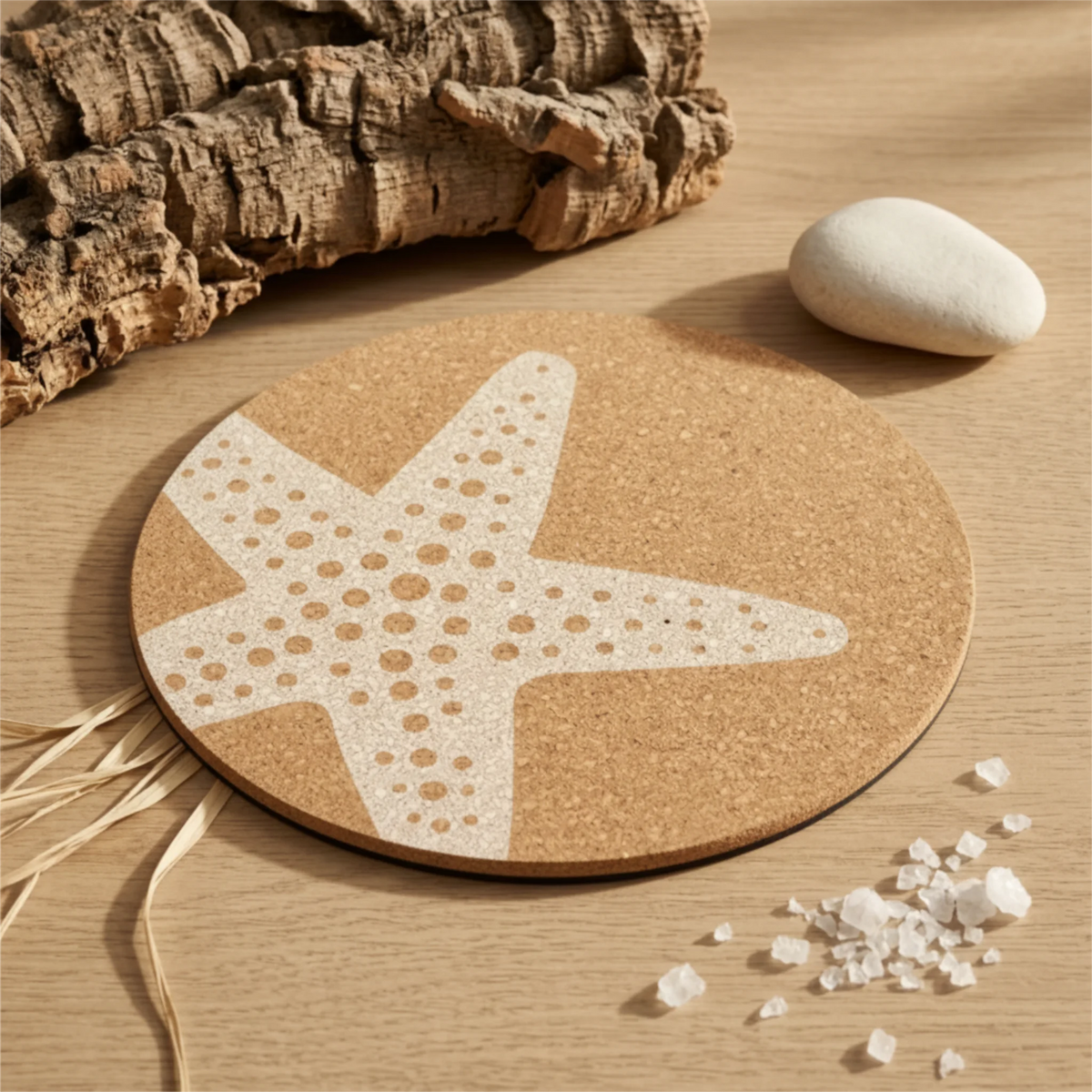 A round cork home-by-the-sea placemat from Hem And Tassel featuring a white starfish design, styled on a light wood surface with driftwood, a white pebble, and sea salt.