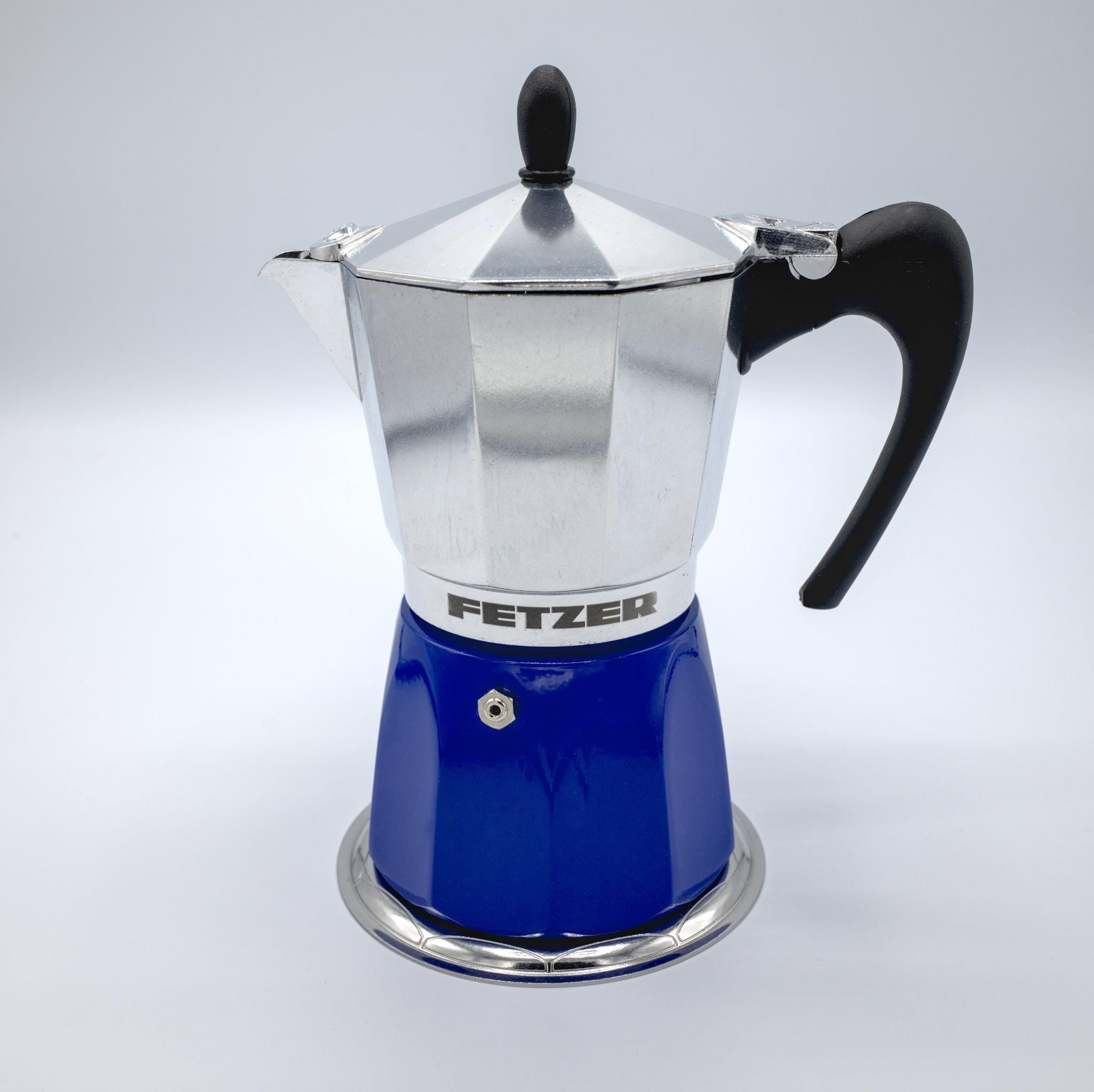 Blue and silver induction moka pot coffee maker with black handle on a light gray background from Hem And Tassel 
