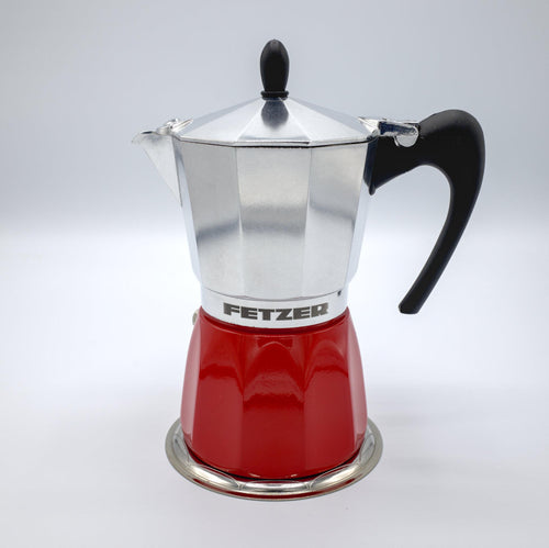 induction-ready moka pot made in Italy in red on a light grey background - from Hem And Tassel
