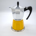 Stainless steel induction espresso maker with yellow base on a white background from Hem And Tassel 