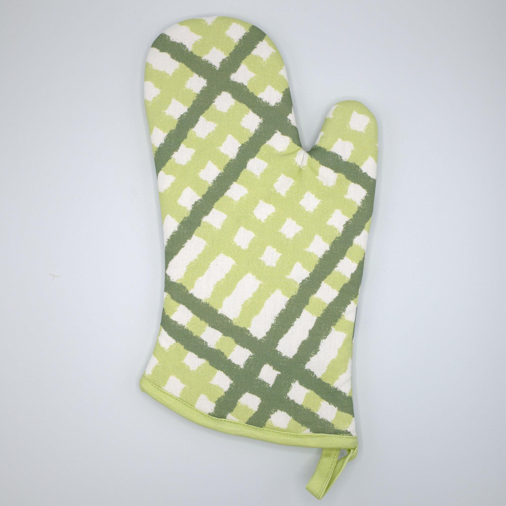 jute impossible Green and white checkered oven mitt on a light gray background from Hem And Tassel 
