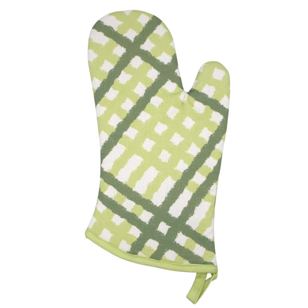 rich cotton oven mitt of jute impossible design, in mint and green colors against light grey backdrop - from Hem And Tassel