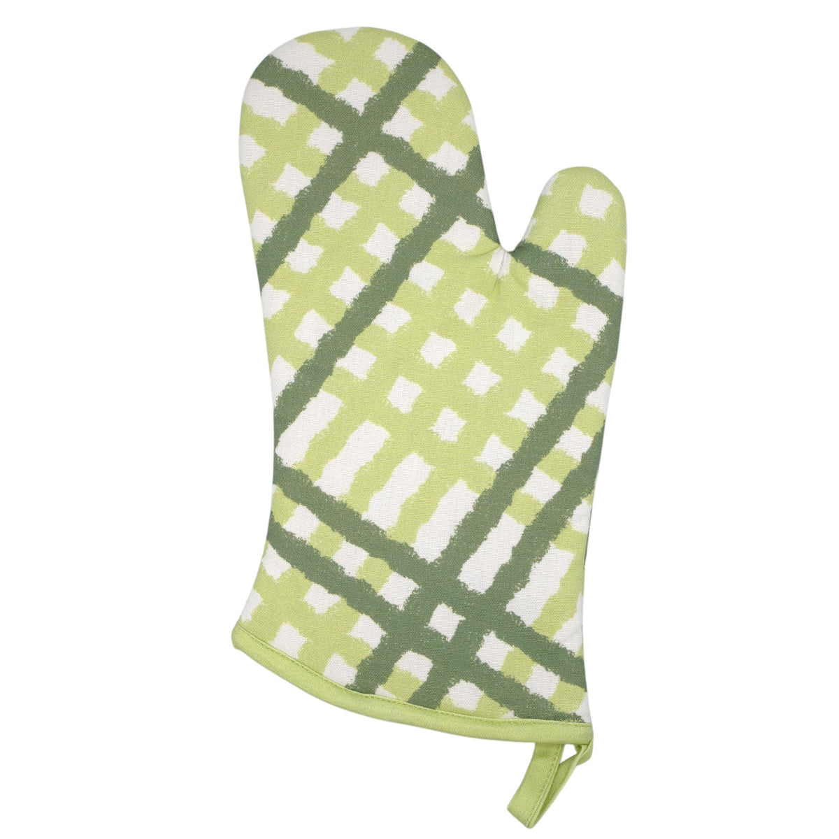 rich cotton oven mitt of jute impossible design, in mint and green colors against light grey backdrop - from Hem And Tassel