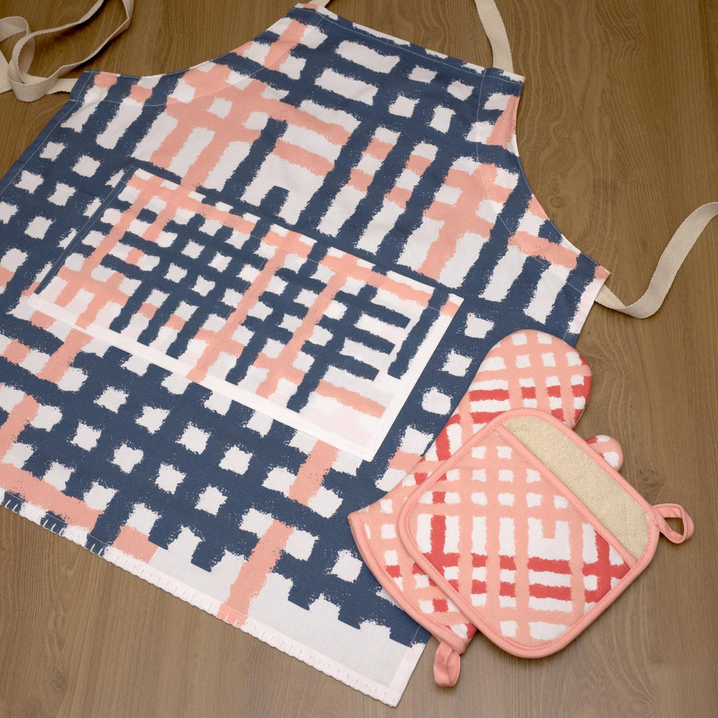 rich cotton oven mitt and pot holder of jute impossible design in pink and blush with flat open jute impossible apron - from Hem And Tassel