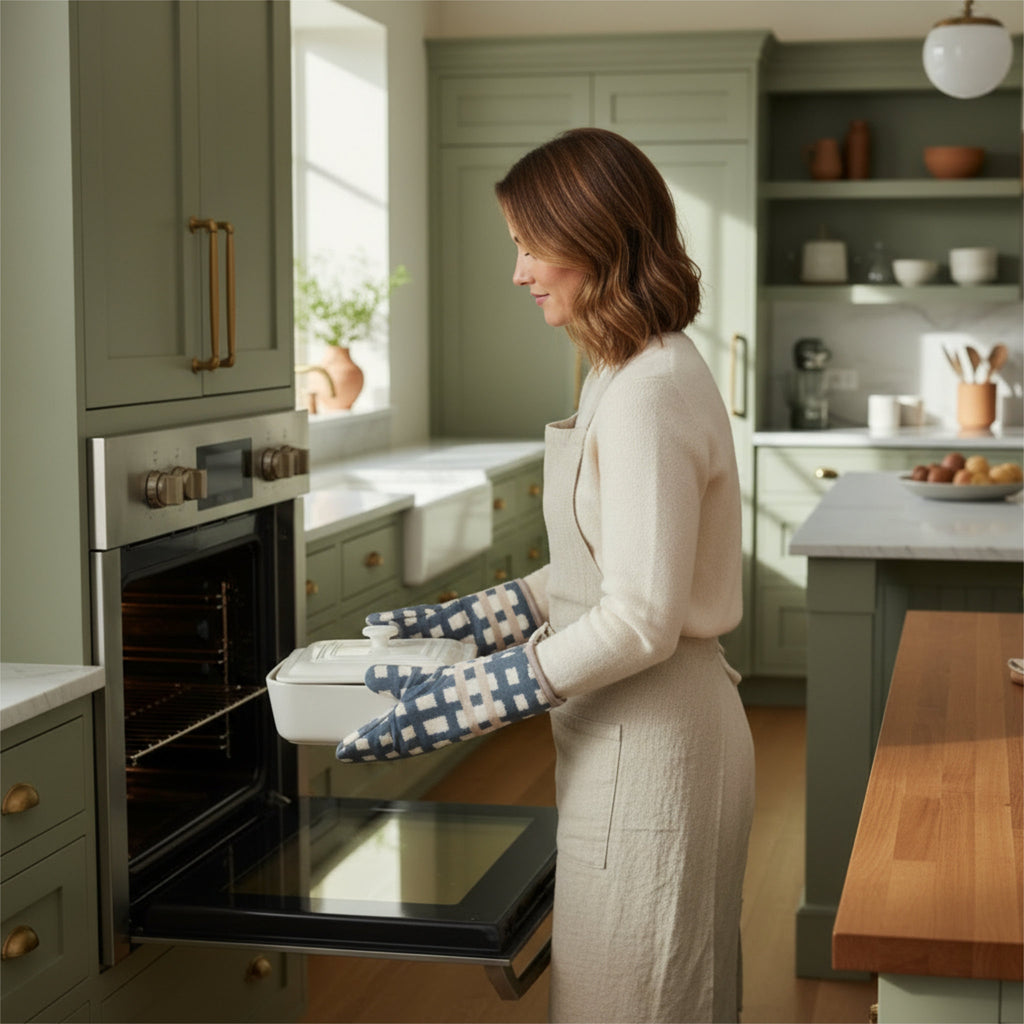A woman in a cream-colored dress and apron wearing oil blue-and-white checkered oven mitts is placing a white ceramic baking dish into a built-in oven in a modern sage green kitchen from Hem And Tassel 