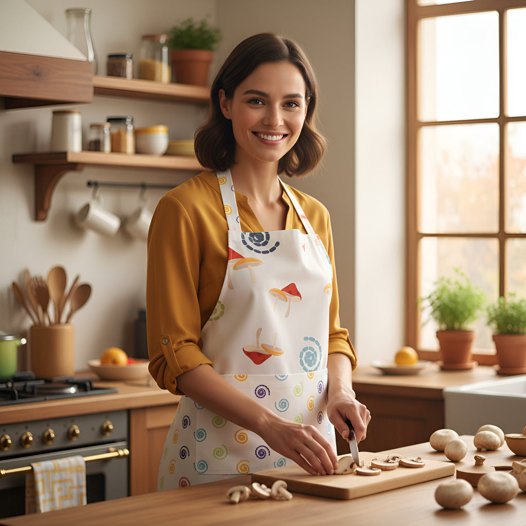 A woman with short brown hair smiles while standing in a bright kitchen, wearing a white apron with colorful mushroom illustrations over a mustard yellow shirt. She is cutting mushrooms on a wooden board on a wooden countertop from Hem And Tassel 