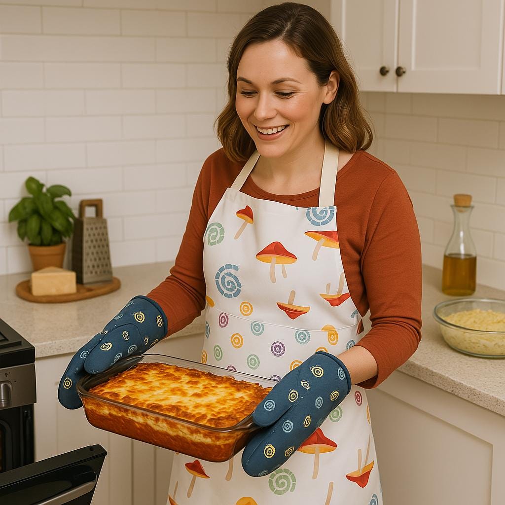 Woman holding a dish of lasagna wearing magic mushroom oven mitts and an apron in a kitchen from Hem And Tassel 