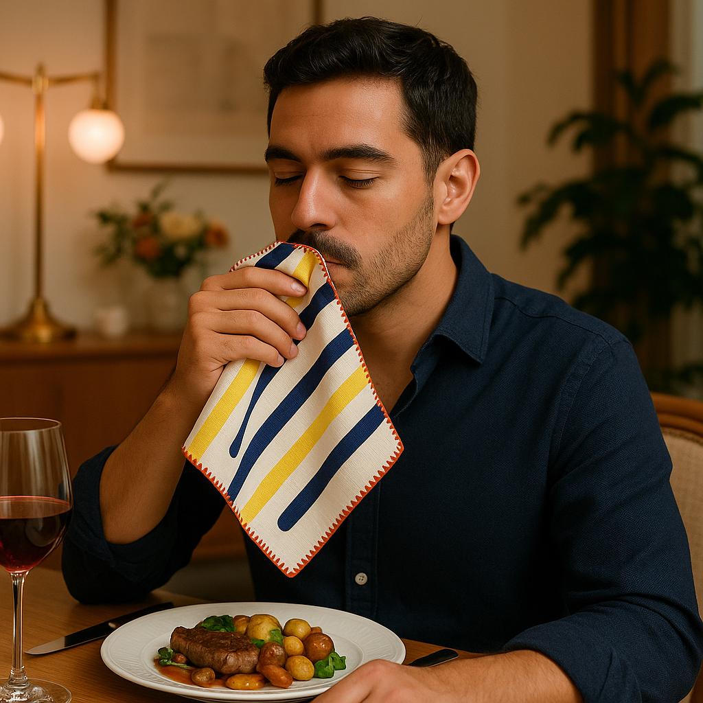 man at a dining table using a yellow piano dinner napkin from Hem And Tassel, with a plate of food and wine glass in front of him