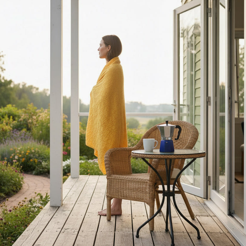 mango wearable throw draped over a woman on her deck in the backyard