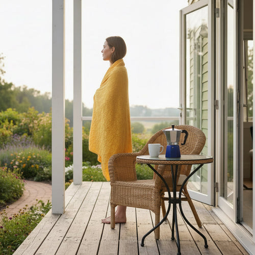 mango wearable throw draped over a woman on her deck in the backyard
