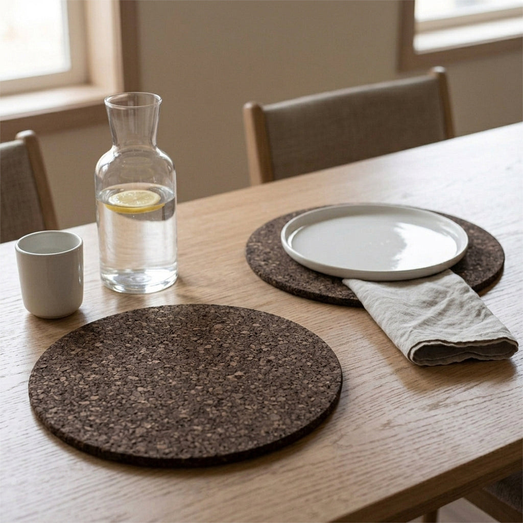 Two round matt black cork placemats on a light wood dining table, styled with a white plate, beige napkin, glass carafe, and white mug in a softly lit room from Hem And Tassel 