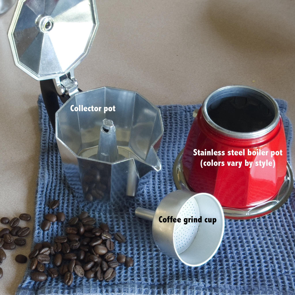 Coffee-making set with collector pot, stainless steel boiler pot, and coffee grind cup on a blue mat.