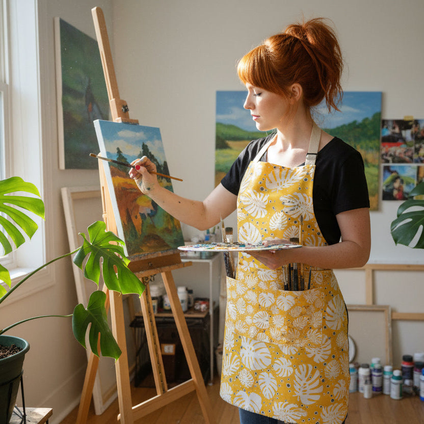 Woman painting in a studio with plants and art supplies around wearing a monster-ah apron from Hem And Tassel 