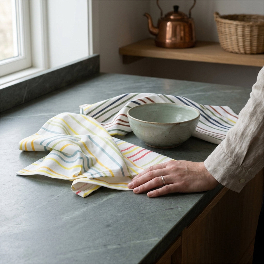 A striped kitchen towel in white, yellow, and blue is draped on a dark gray stone countertop next to a ceramic bowl, with a person's hand resting on the fabric. A copper kettle and wooden shelf are visible in the background from Hem And Tassel