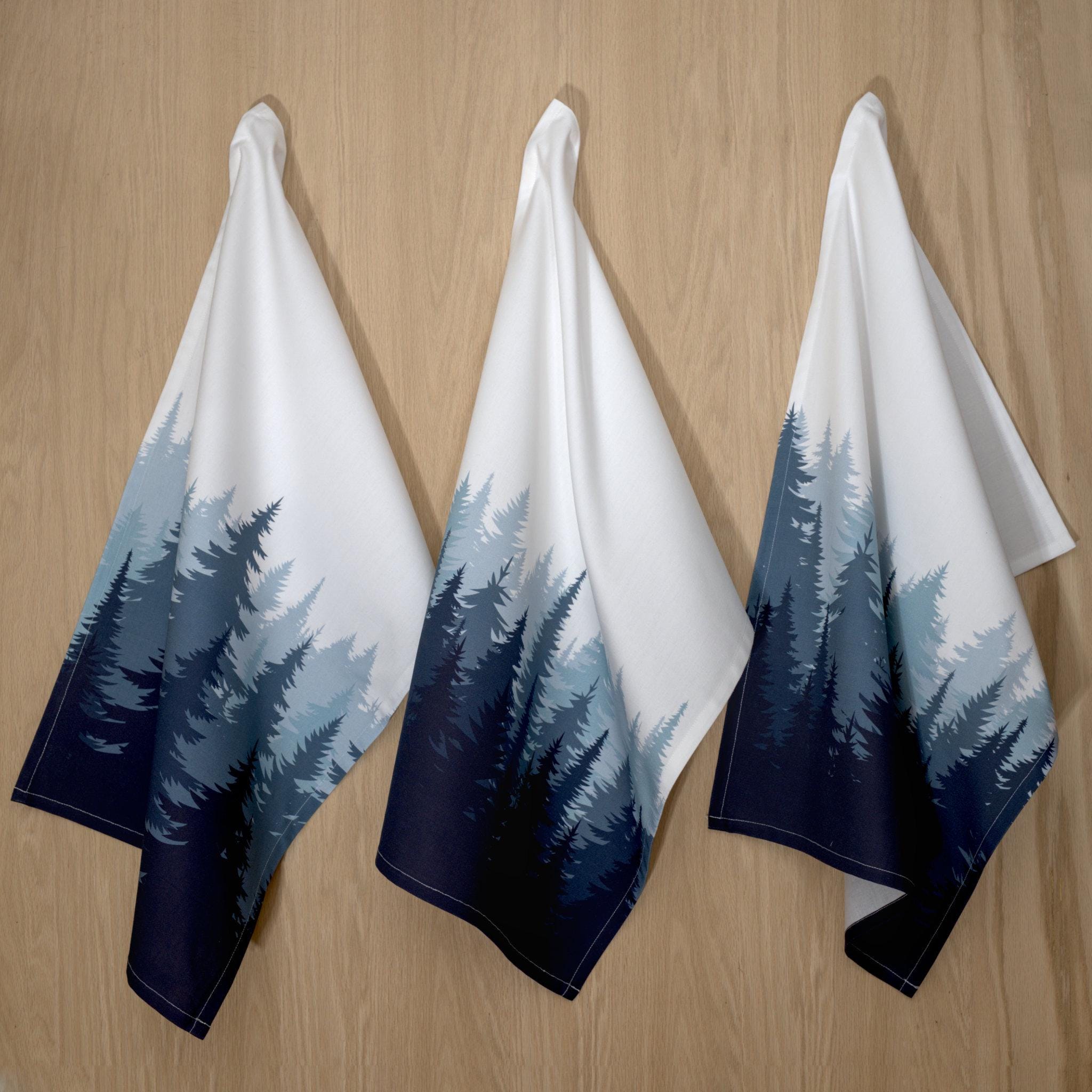 rich cotton percale kitchen towel set of three forest design in against light grey background- from Hem And Tassel