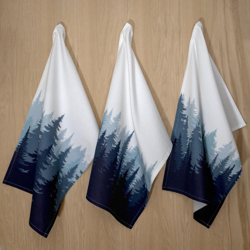 rich cotton percale kitchen towel set of three forest design in against light grey background- from Hem And Tassel