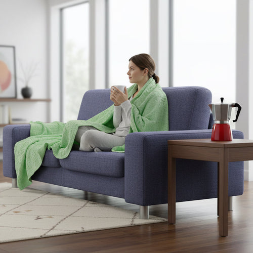 pistachio wearable throw draped over a blue couch  and over a woman with a coffee cup in her hand on a carpeted floor of a living room