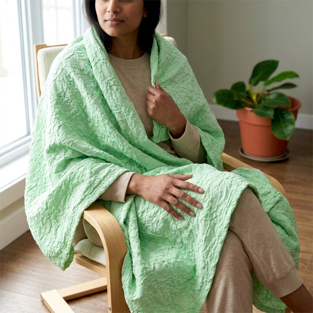 A woman seated in a wooden chair wrapped in a box waffle soft mint colored woven throw blanket hemmed on four sides, with a potted plant visible in the background near a window from Hem And Tassel 