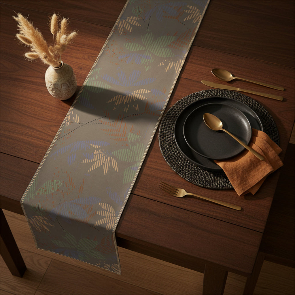 A woven table runner with a botanical leaf pattern in muted gray, sage green, and gold tones, styled on a dark wood dining table next to a place setting with gold cutlery and a small vase of dried grass.