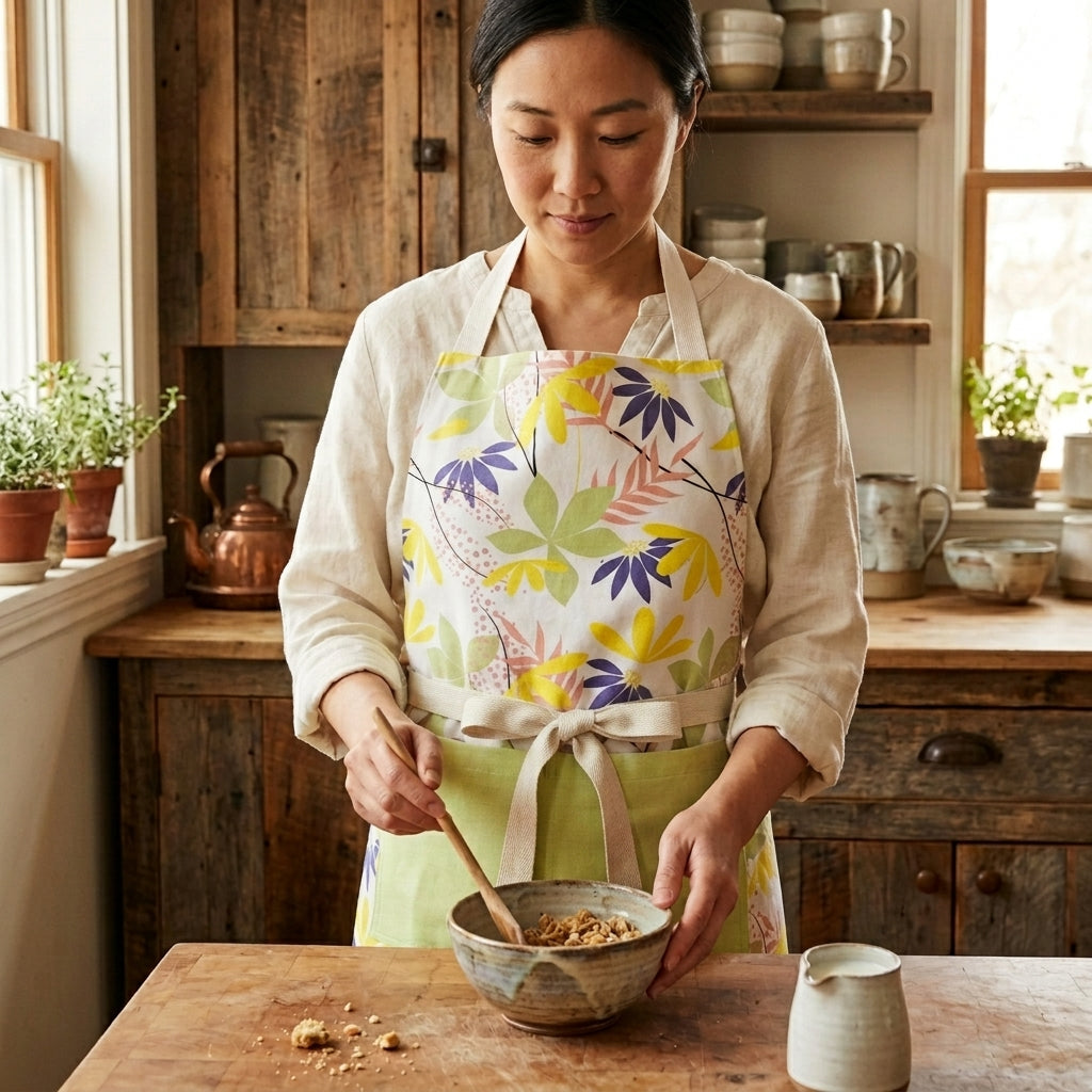 Woman in a kitchen wearing a colorful apron, stirring something in a bowl.