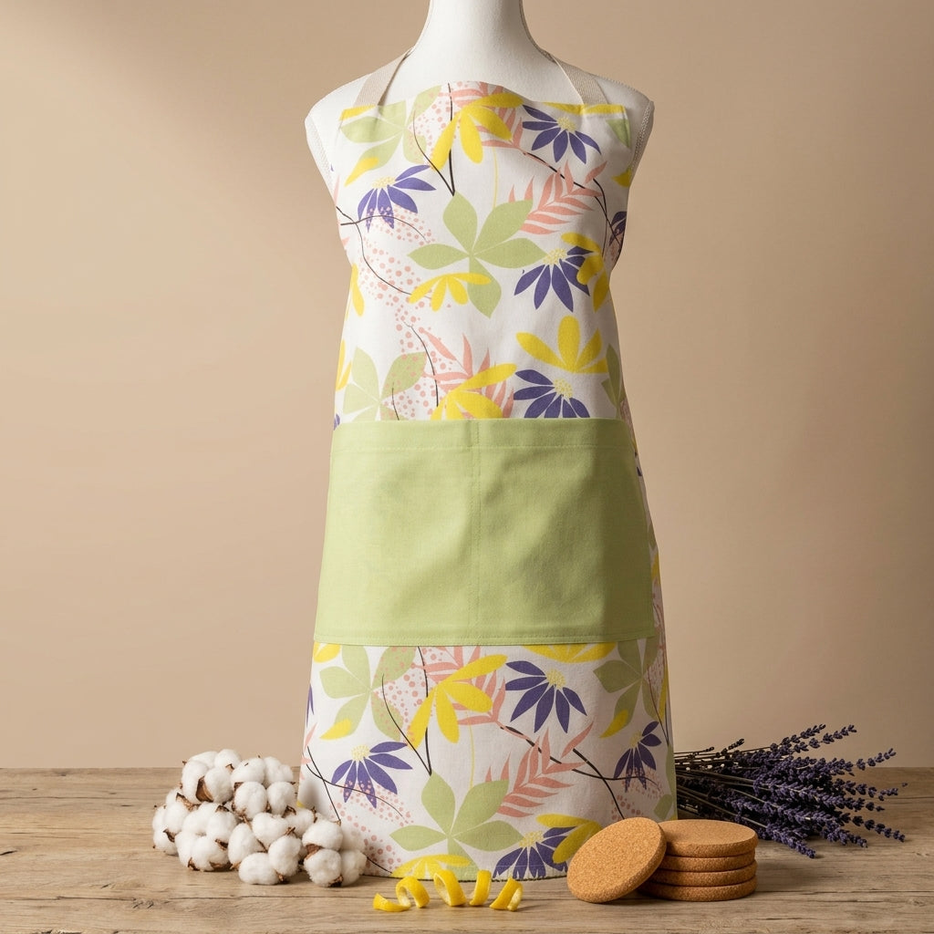 Colorful apron with floral pattern on a mannequin against a beige background from Hem And Tassel 