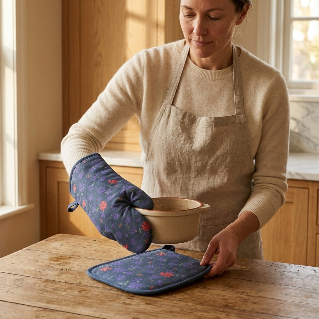a woman holds a hot casserole with food in it using a dark oil colored oven mitt with colorful floral print of the shy dragonfly pattern about to place it down  on the matching pot holder using it as a trivet, on a wooden kitchen counter from Hem And Tassel